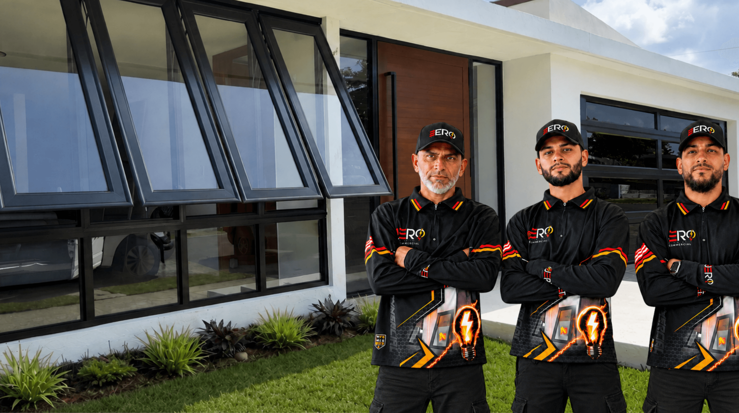 Equipo de Jero Commercial frente a una residencia con ventanas de aluminio