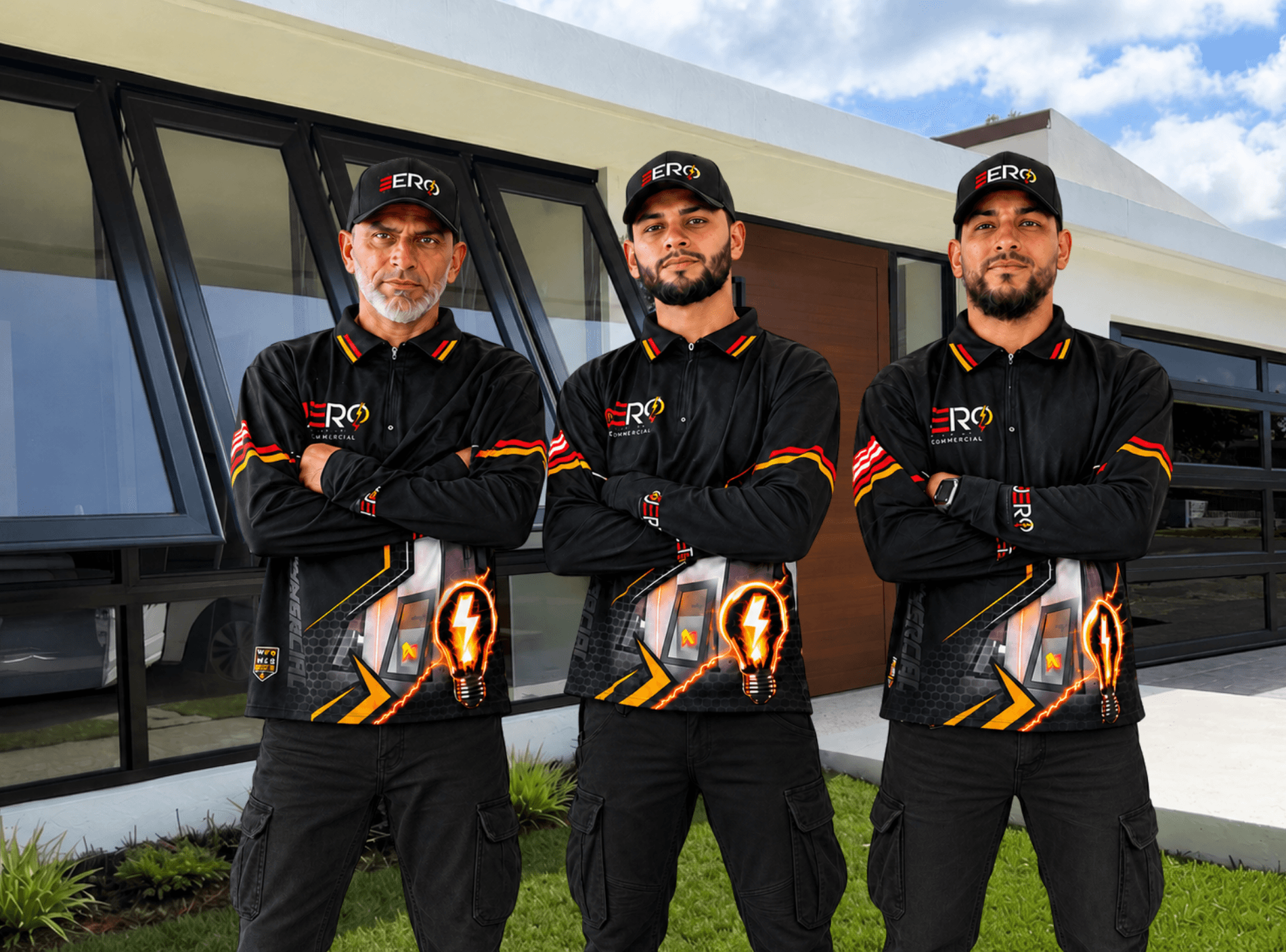 Equipo de Jero Commercial frente a una residencia con ventanas de aluminio
