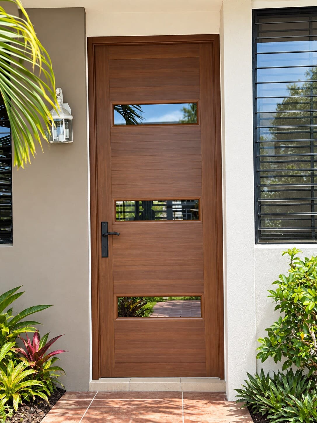 Puerta Moderna Nogal con Tres Cristales